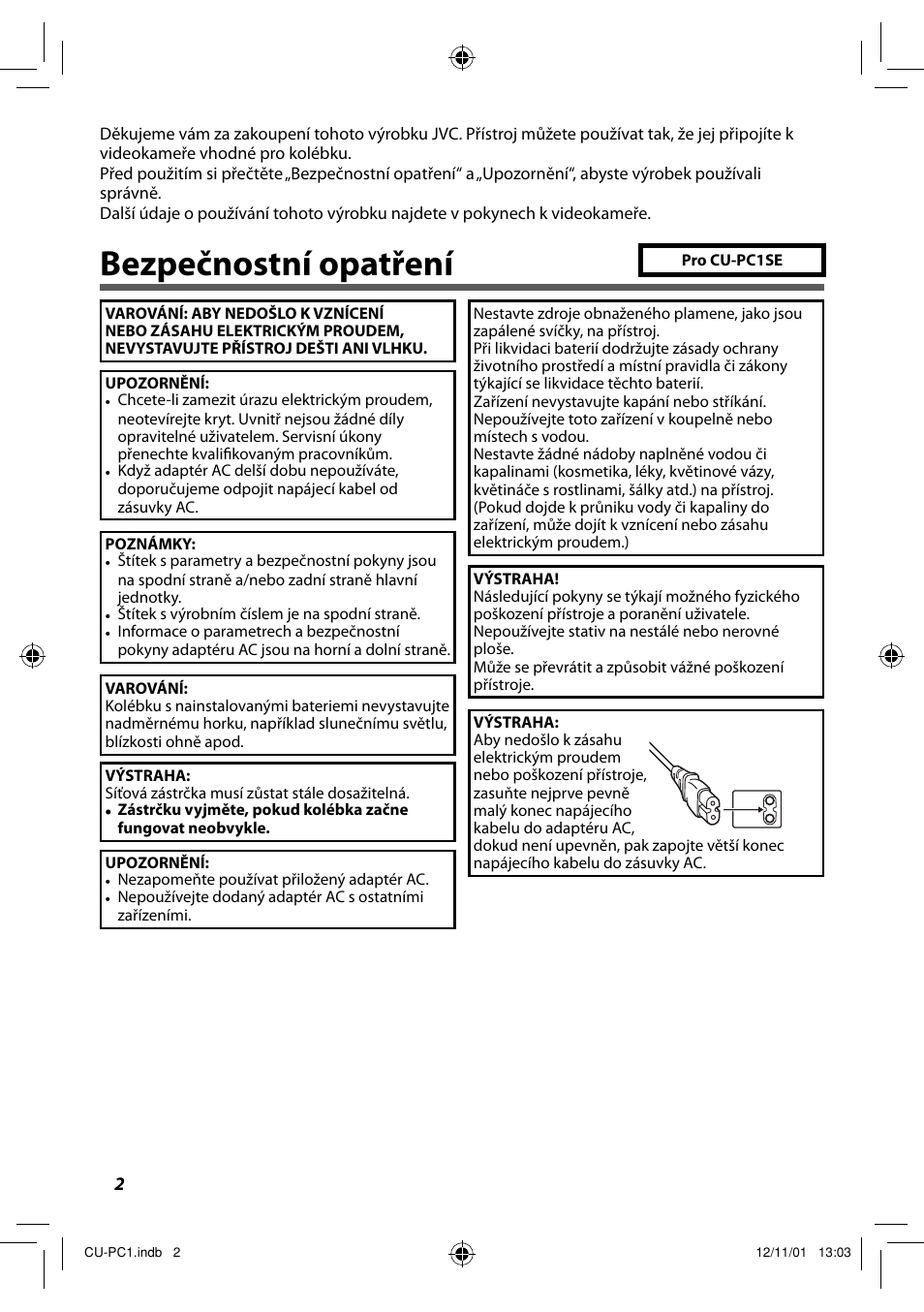 Český, Bezpečnostní opatření | JVC CU-PC1 User Manual | Page 66 / 96