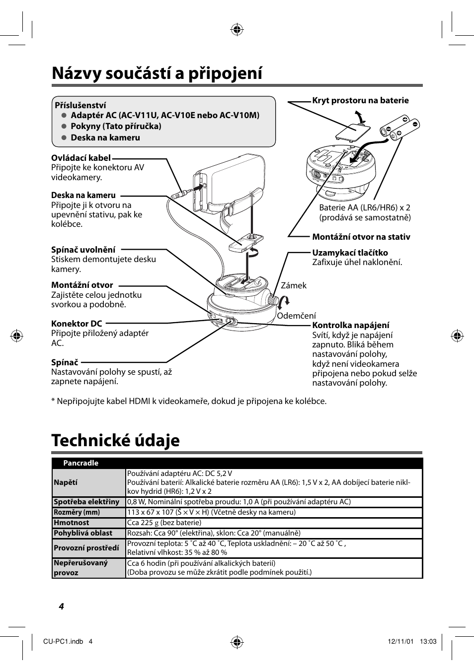 Názvy součástí a připojení, Technické údaje, Názvy součástí a připojení technické údaje | JVC CU-PC1 User Manual | Page 68 / 96