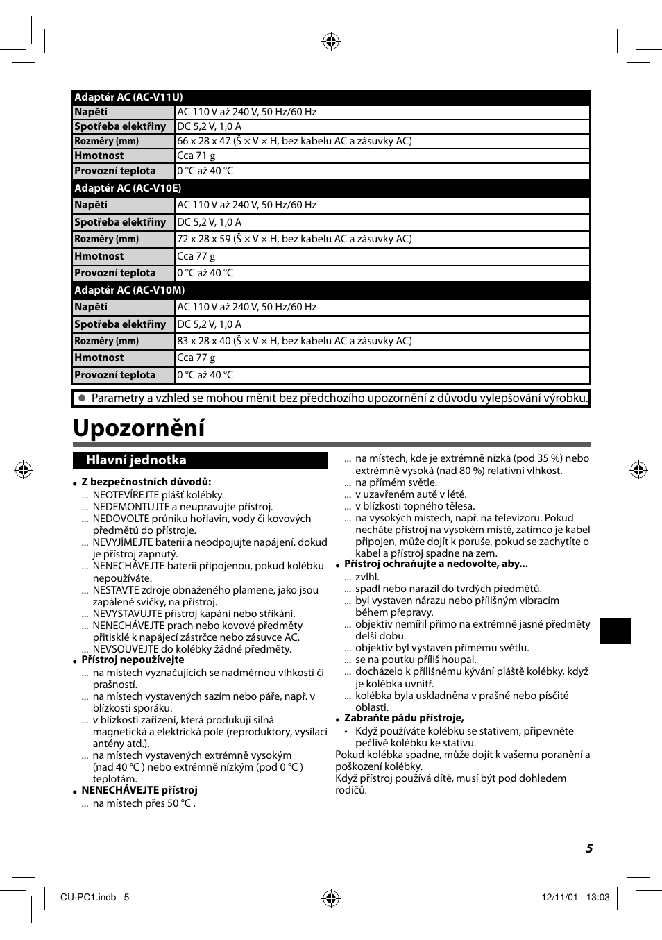Upozornění, Hlavní jednotka | JVC CU-PC1 User Manual | Page 69 / 96