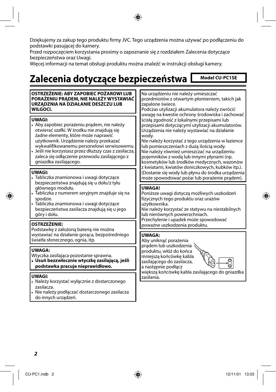 Polski, Zalecenia dotyczące bezpieczeństwa | JVC CU-PC1 User Manual | Page 70 / 96