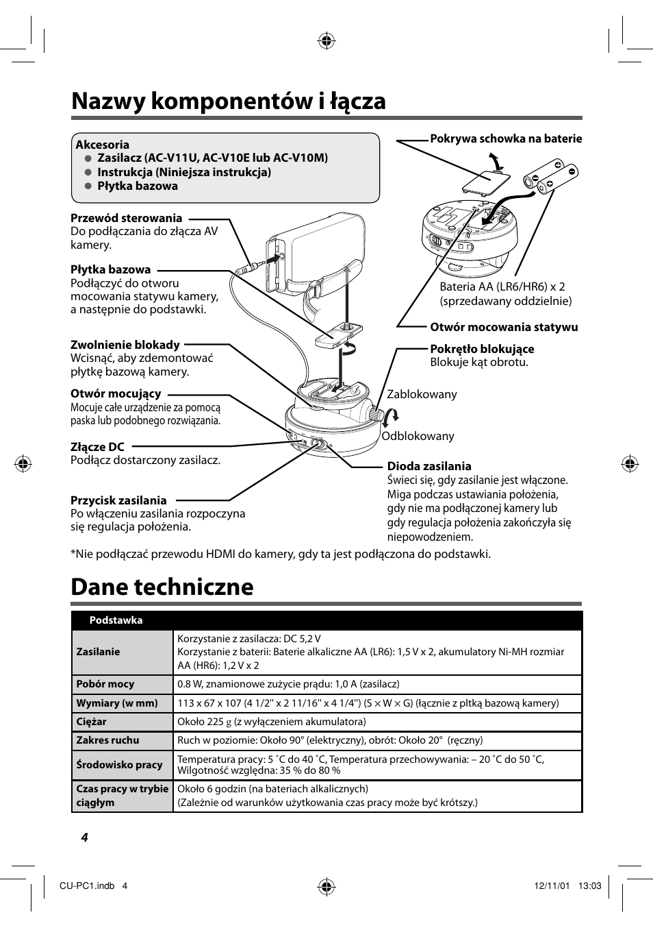 Nazwy komponentów i łącza, Dane techniczne, Nazwy komponentów i łącza dane techniczne | JVC CU-PC1 User Manual | Page 72 / 96