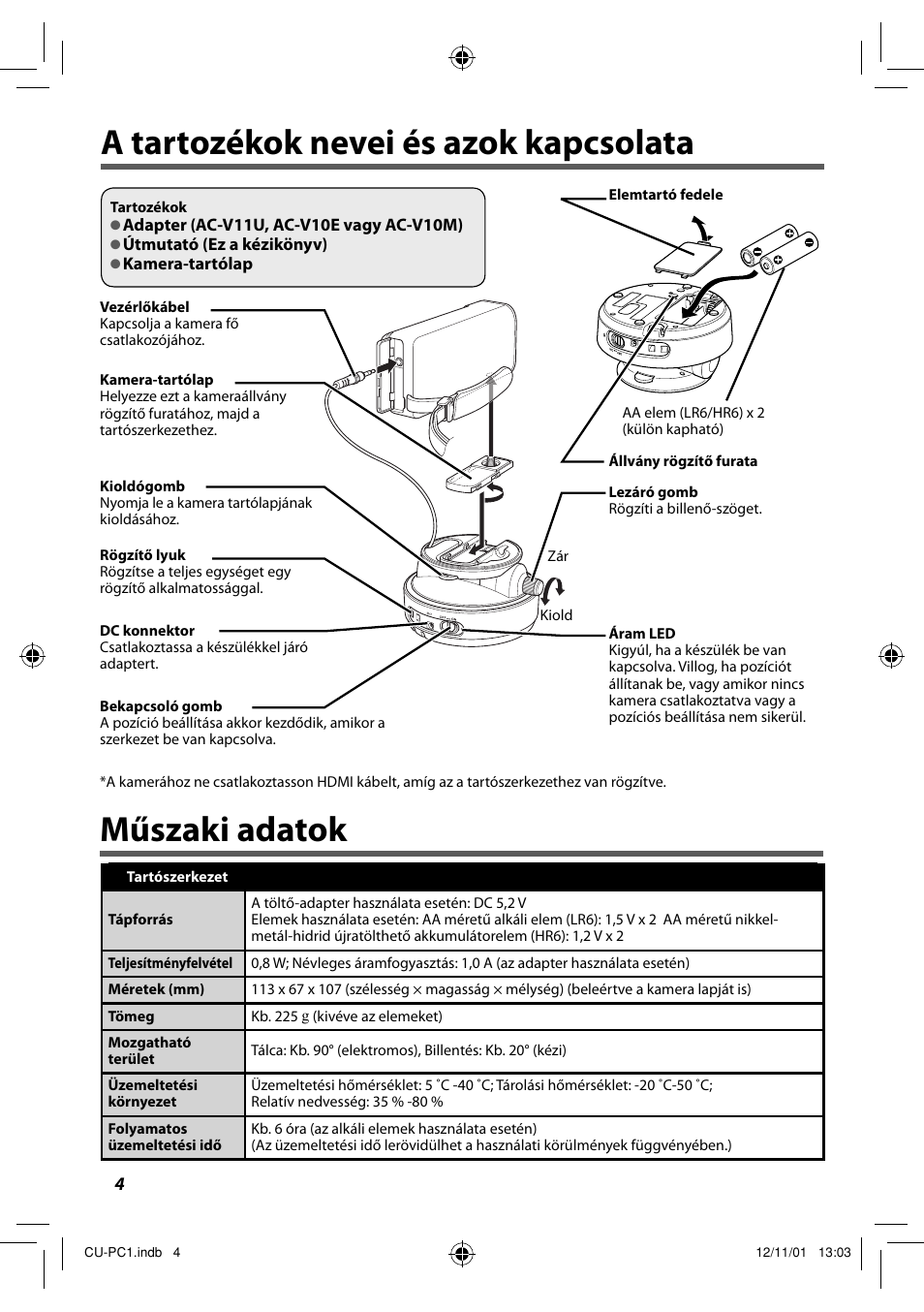 A tartozékok nevei és azok kapcsolata, Műszaki adatok | JVC CU-PC1 User Manual | Page 76 / 96