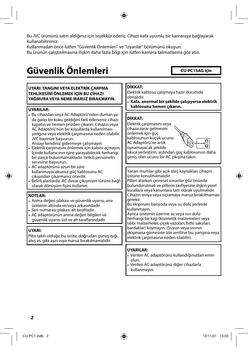 Türkçe, Güvenlik önlemleri | JVC CU-PC1 User Manual | Page 78 / 96