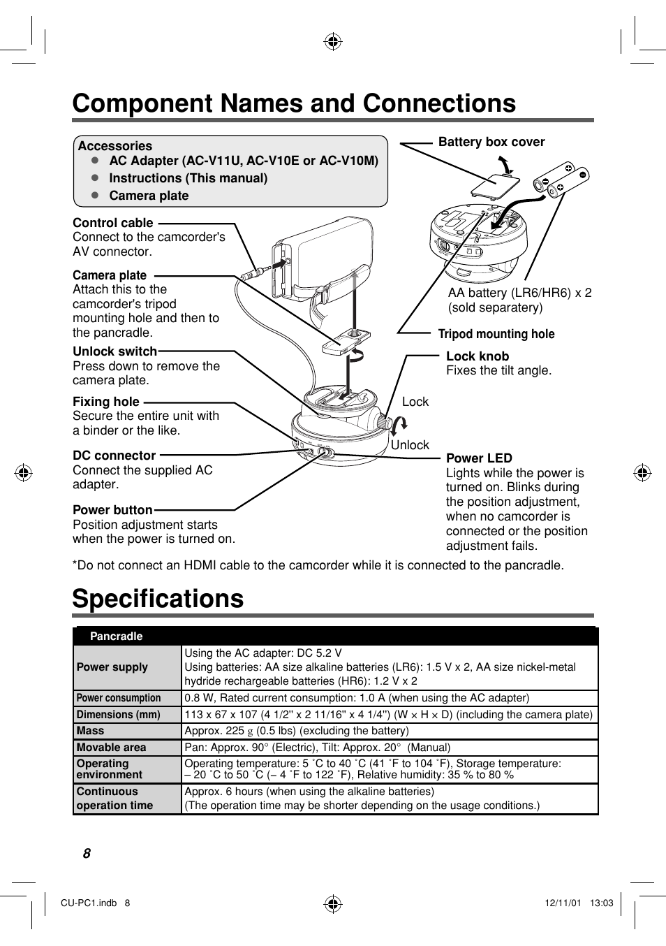 Component names and connections, Specifi cations, Component names and connections specifi cations | JVC CU-PC1 User Manual | Page 8 / 96