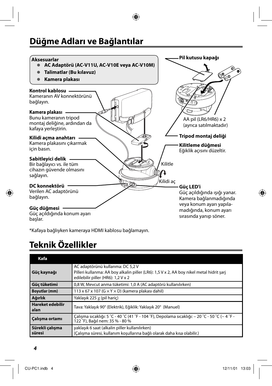 Düğme adları ve bağlantılar, Teknik özellikler, Düğme adları ve bağlantılar teknik özellikler | JVC CU-PC1 User Manual | Page 80 / 96