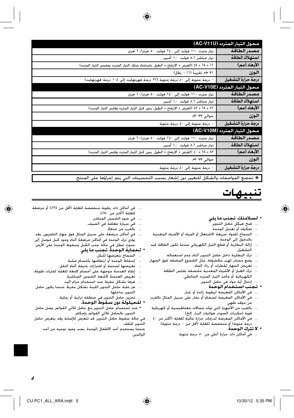 تنبيهات, ﺕﺎﻬﻴﺒﻨﺗ, ﺍﻝﻭﺡﺩﺓ ﺍﻝﺭﺉﻱﺱﻱﺓ | JVC CU-PC1 User Manual | Page 88 / 96