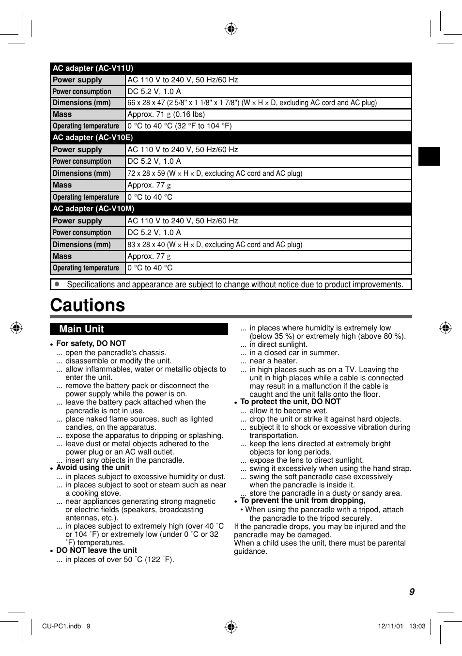 Cautions, Main unit | JVC CU-PC1 User Manual | Page 9 / 96