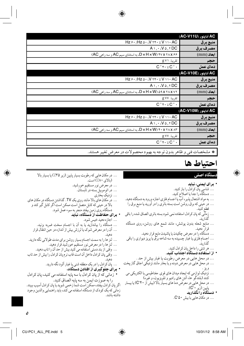 احتياط ها, ﺎﻫ ﻁﺎﻴﺘﺣﺍ | JVC CU-PC1 User Manual | Page 92 / 96