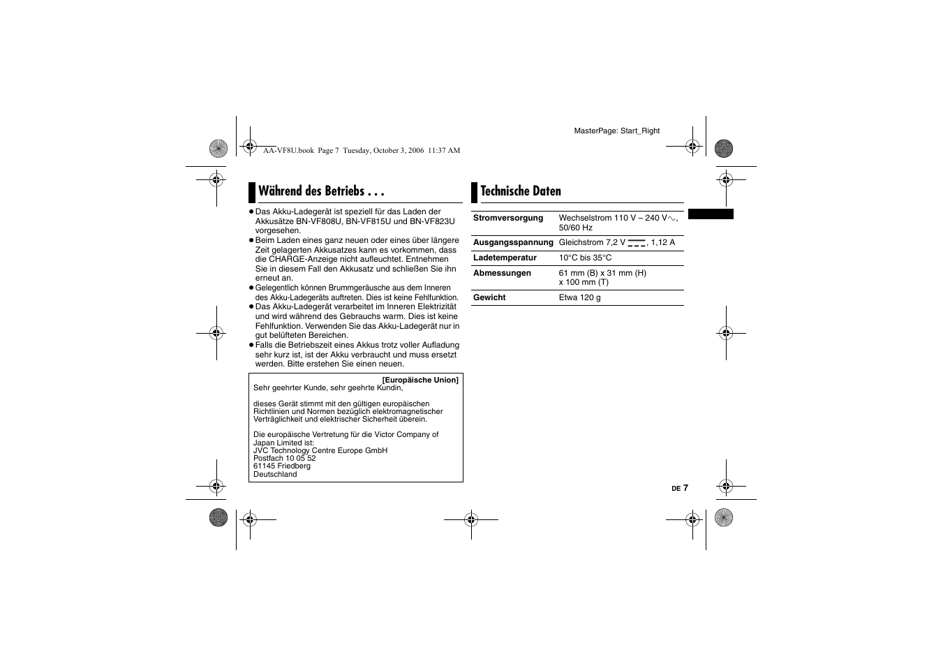 Während des betriebs, Technische daten | JVC AA-VF8 User Manual | Page 15 / 120
