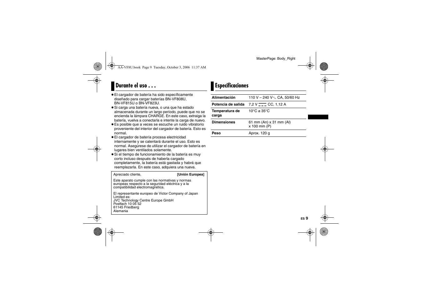 Durante el uso, Especificaciones | JVC AA-VF8 User Manual | Page 37 / 120