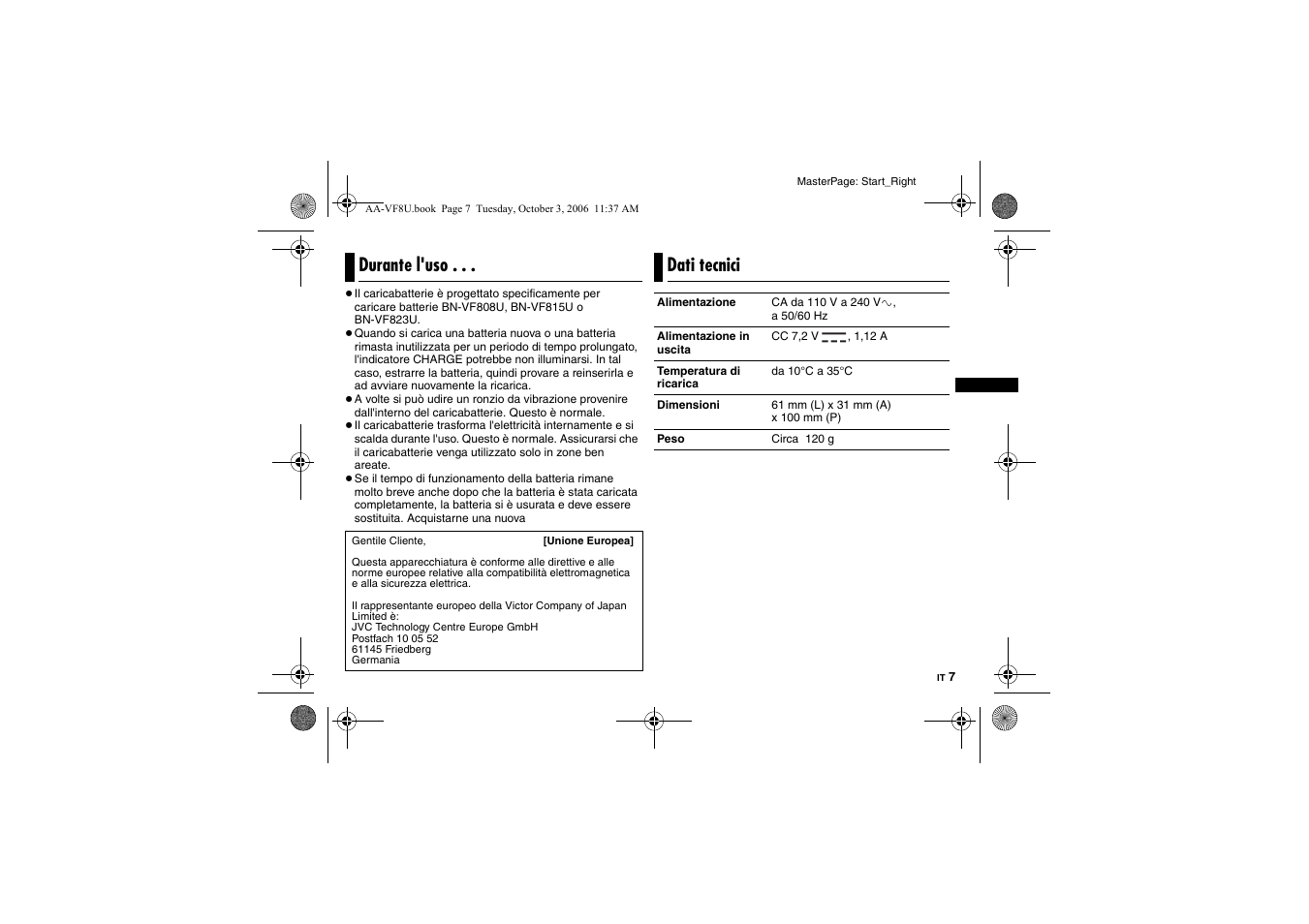 Durante l'uso, Dati tecnici | JVC AA-VF8 User Manual | Page 43 / 120