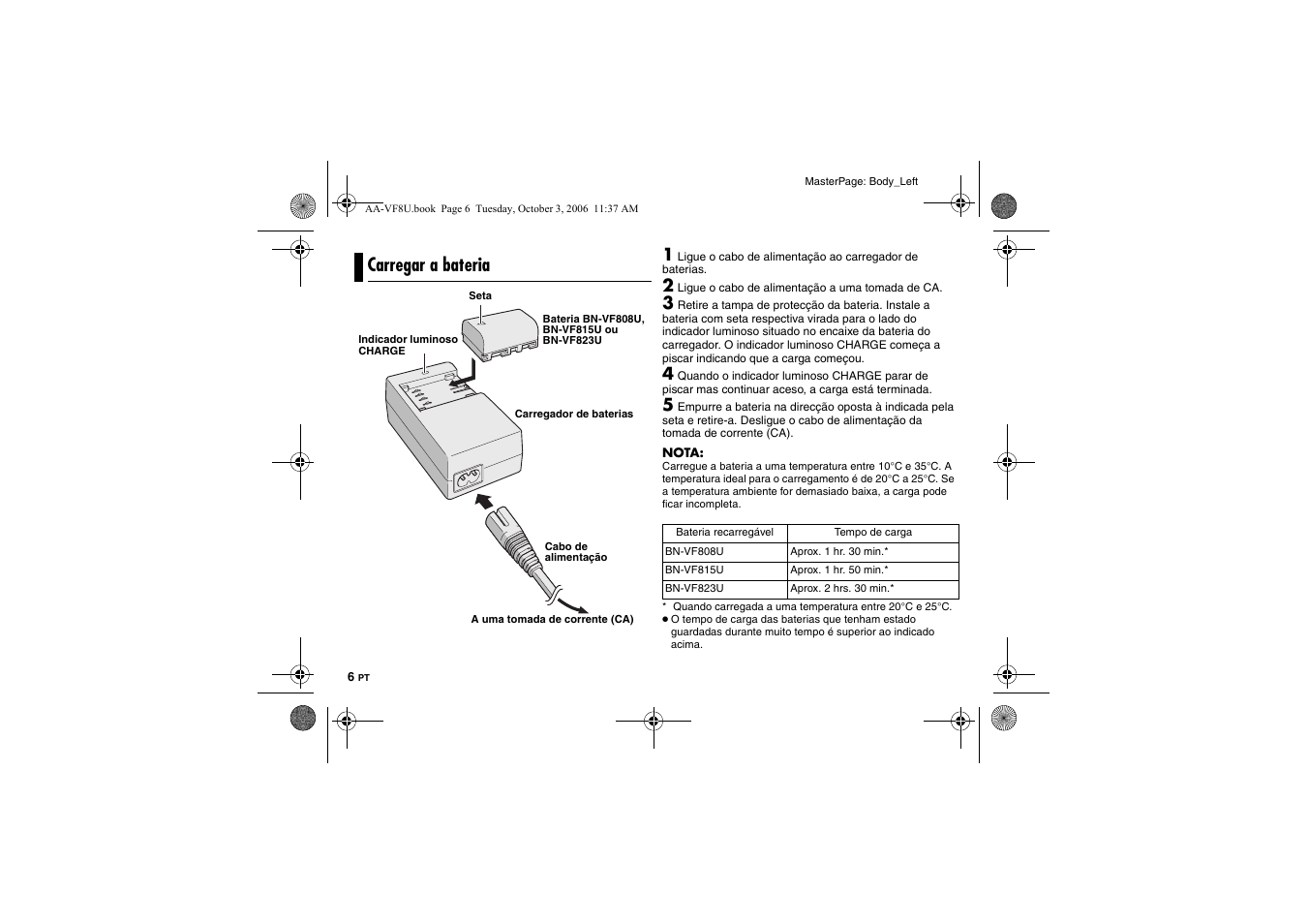 Carregar a bateria | JVC AA-VF8 User Manual | Page 48 / 120