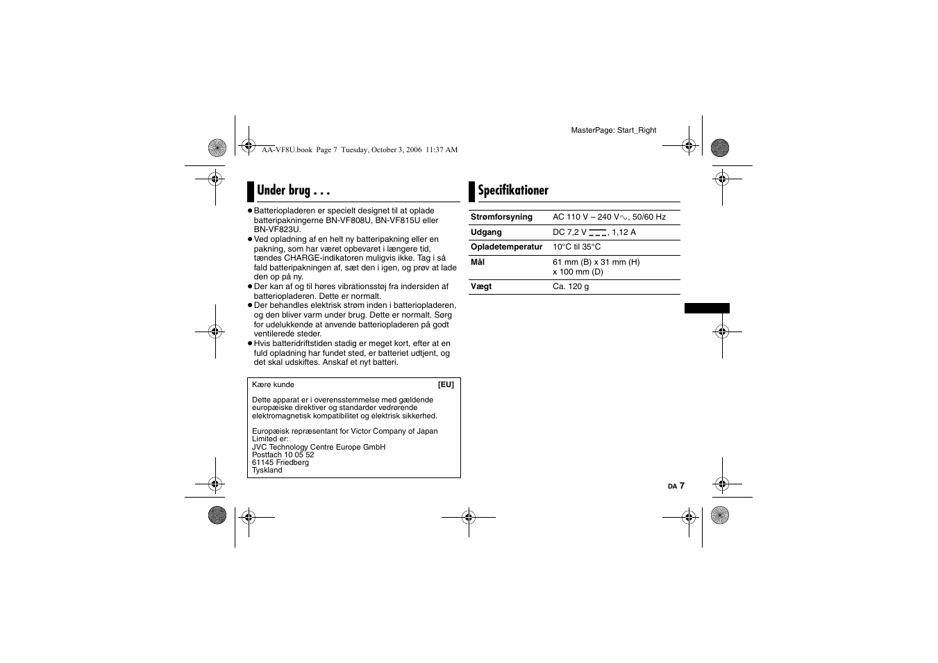 Under brug, Specifikationer | JVC AA-VF8 User Manual | Page 55 / 120