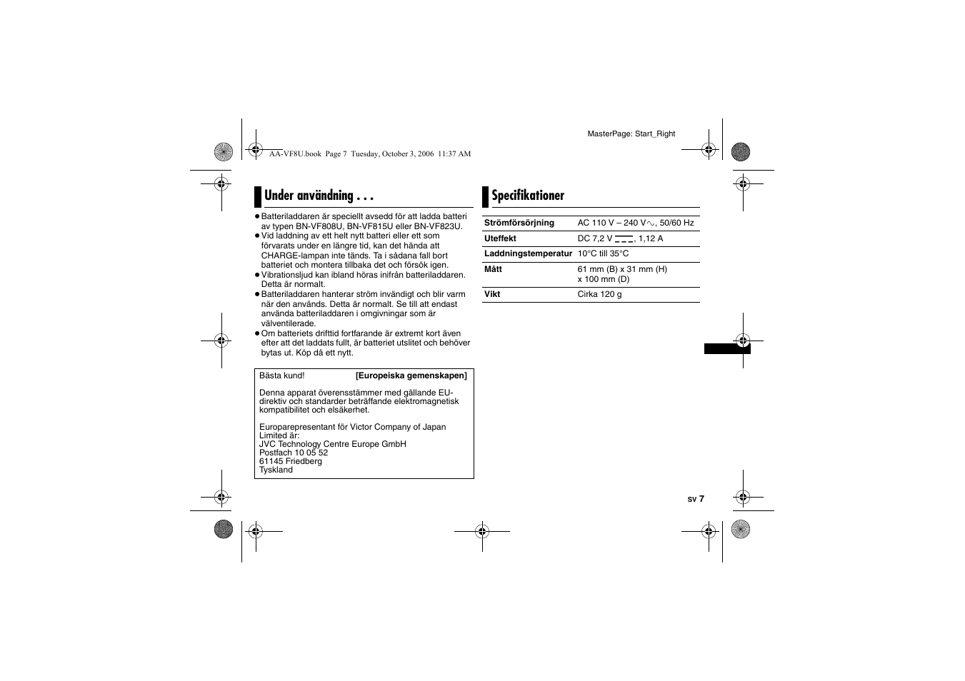 Under användning, Specifikationer | JVC AA-VF8 User Manual | Page 67 / 120