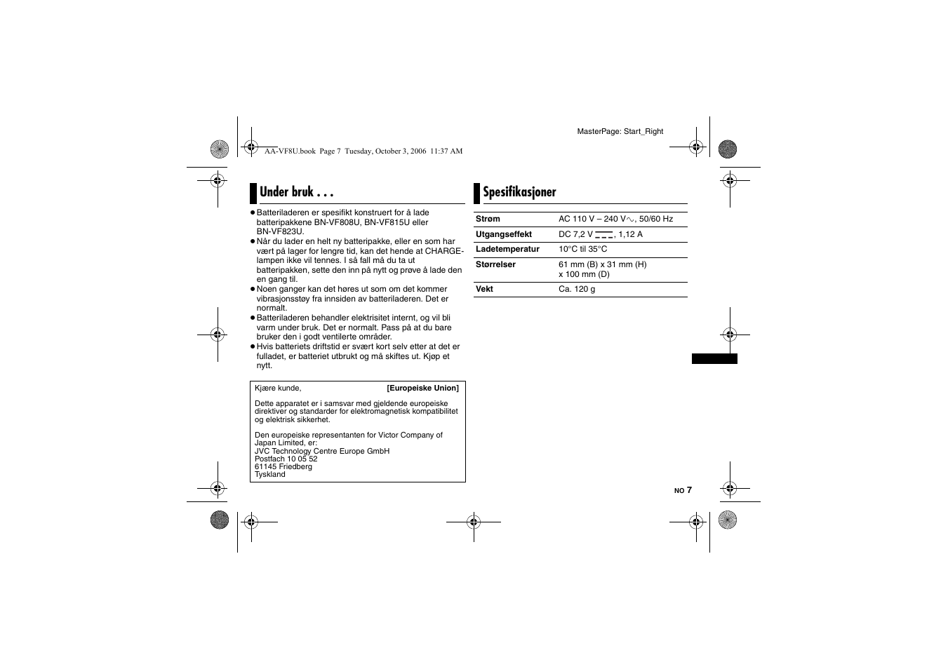 Under bruk, Spesifikasjoner | JVC AA-VF8 User Manual | Page 73 / 120