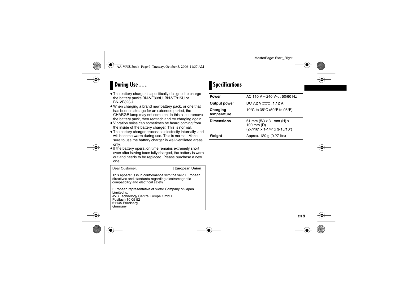 During use, Specifications | JVC AA-VF8 User Manual | Page 9 / 120