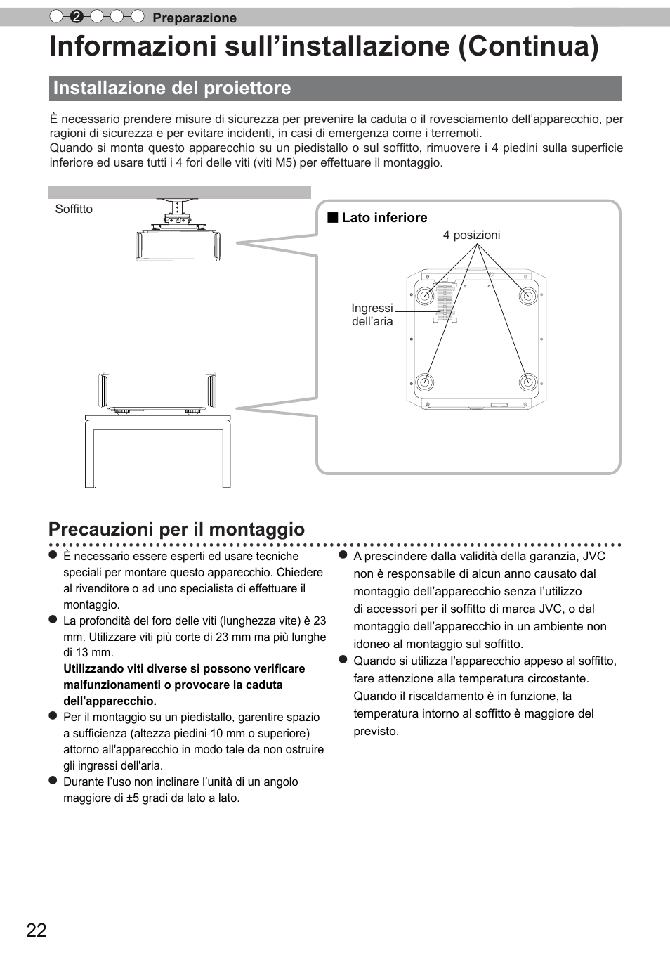 Installazione del proiettore, Informazioni sull’installazione (continua), Precauzioni per il montaggio | JVC DLA-X9 User Manual | Page 100 / 233