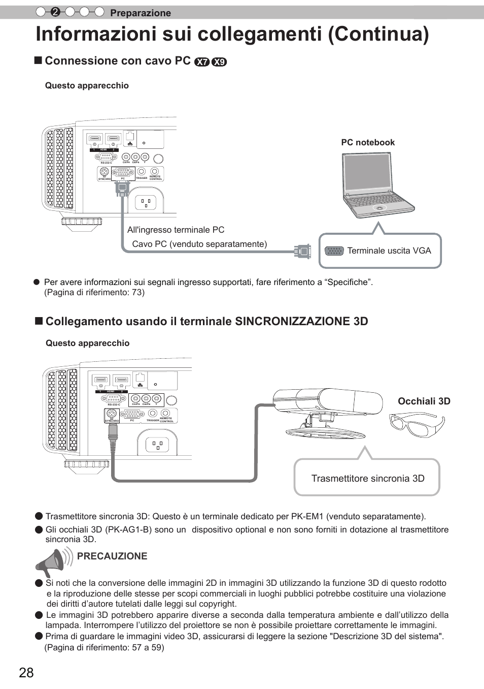 Informazioni sui collegamenti (continua), Connessione con cavo pc, Preparazione 2 | Trasmettitore sincronia 3d occhiali 3d precauzione, X7 x9, Questo apparecchio | JVC DLA-X9 User Manual | Page 106 / 233