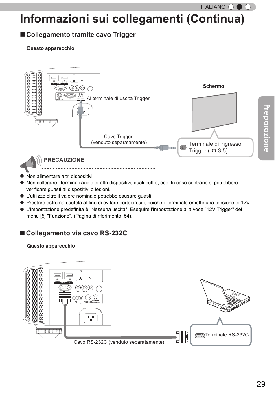 Informazioni sui collegamenti (continua), Preparazione, Collegamento tramite cavo trigger | Collegamento via cavo rs-232c, Italiano, Precauzione, Terminale di ingresso trigger ( φ 3,5), Questo apparecchio, Non alimentare altri dispositivi | JVC DLA-X9 User Manual | Page 107 / 233