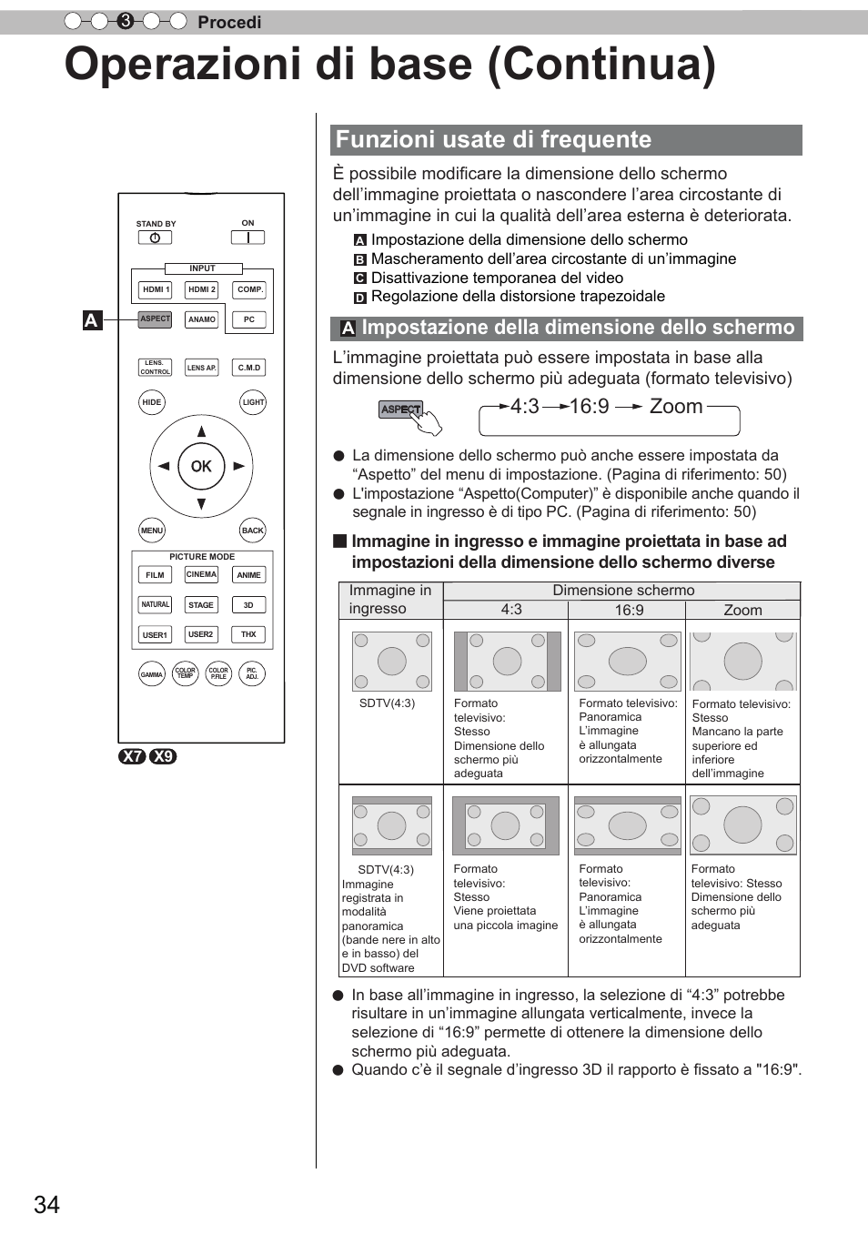 Funzioni usate di frequente, Impostazione della dimensione dello schermo, Impostazione della dimensione dello | Schermo, Operazioni di base (continua), 3 16:9 zoom, Procedi 3, X7 x9 | JVC DLA-X9 User Manual | Page 112 / 233