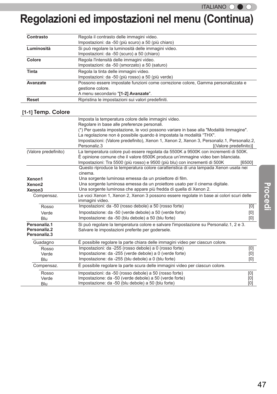 Regolazioni ed impostazioni nel menu (continua), Procedi | JVC DLA-X9 User Manual | Page 125 / 233