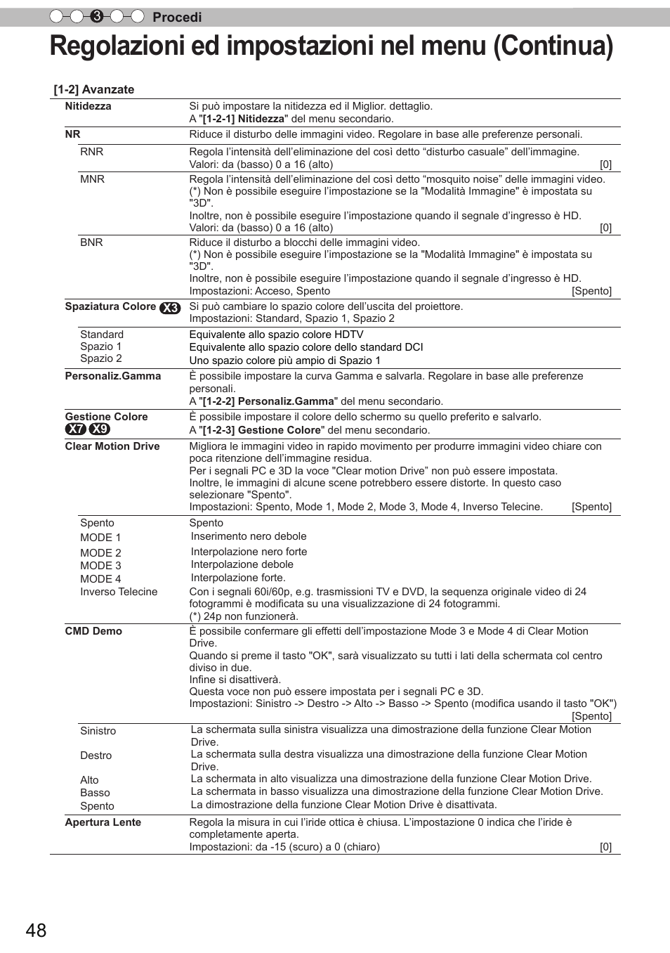 Regolazioni ed impostazioni nel menu (continua), Procedi 3 | JVC DLA-X9 User Manual | Page 126 / 233