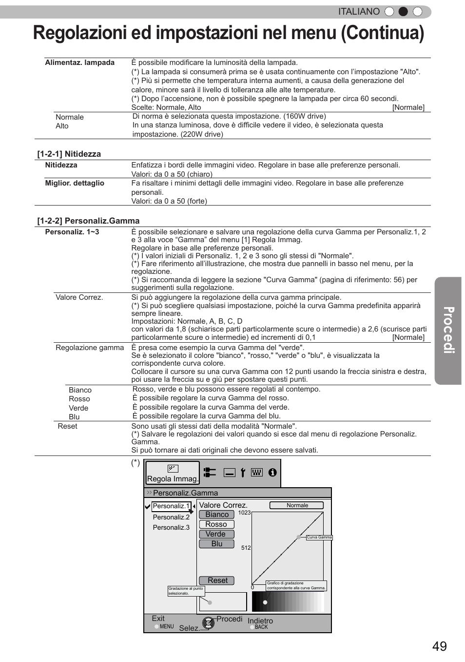 Regolazioni ed impostazioni nel menu (continua), Procedi, Italiano | JVC DLA-X9 User Manual | Page 127 / 233