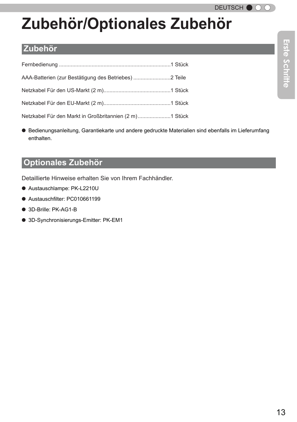 Zubehör/optionales zubehör, Zubehör, Optionales zubehör | Zubehör optionales zubehör, Optionales zubehör zubehör, Erste schritte | JVC DLA-X9 User Manual | Page 13 / 233