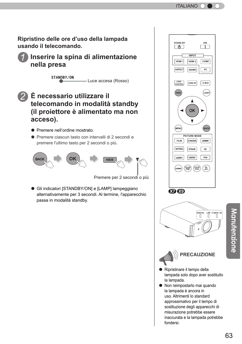 Man ute nzio ne, Inserire la spina di alimentazione nella presa, Italiano | Precauzione | JVC DLA-X9 User Manual | Page 141 / 233