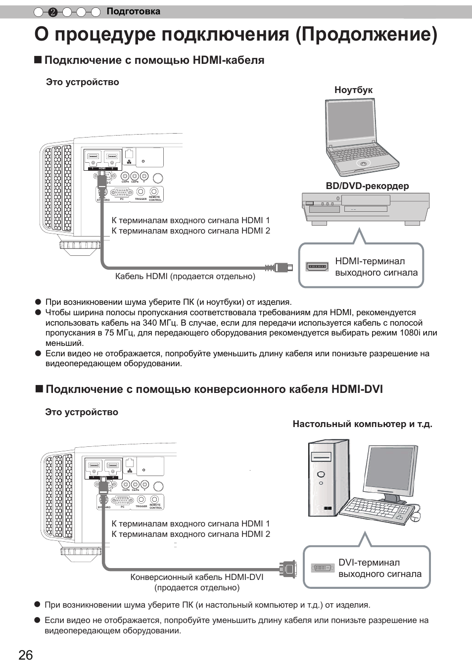 О процедуре подключения (продолжение), Подключение с помощью hdmi-кабеля, Подготовка 2 | Это устройство, Это устройство bd/dvd-рекордер, Hdmi-терминал выходного сигнала ноутбук, Кабель hdmi (продается отдельно) | JVC DLA-X9 User Manual | Page 182 / 233