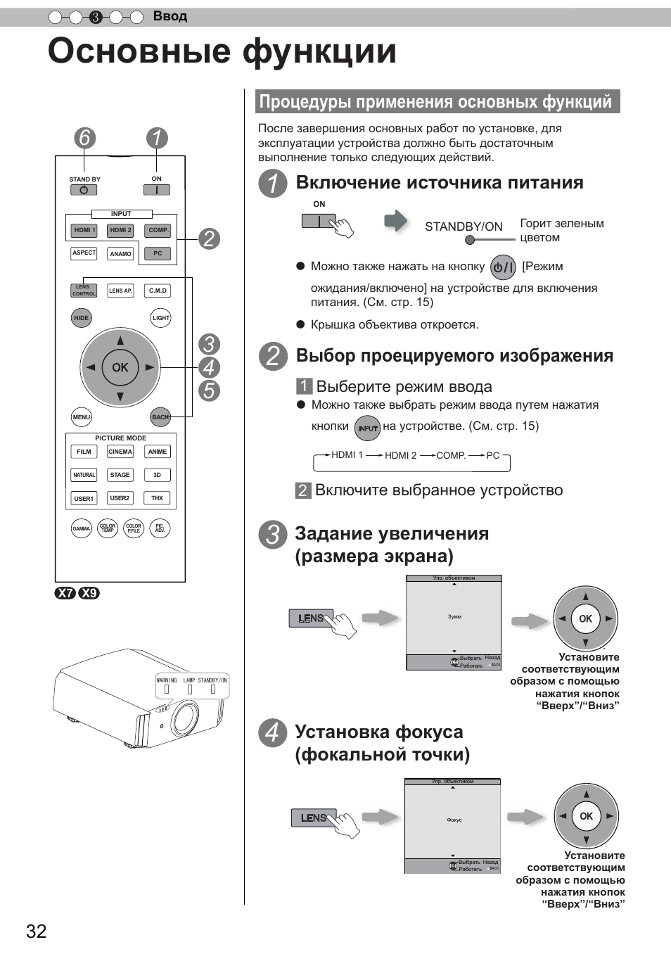 Ввод, Основные функции, Процедуры применения основных функций | Процедуры применения основных, Функций, Включение источника питания, Выбор проецируемого изображения, Задание увеличения (размера экрана), Установка фокуса (фокальной точки), Выберите режим ввода | JVC DLA-X9 User Manual | Page 188 / 233