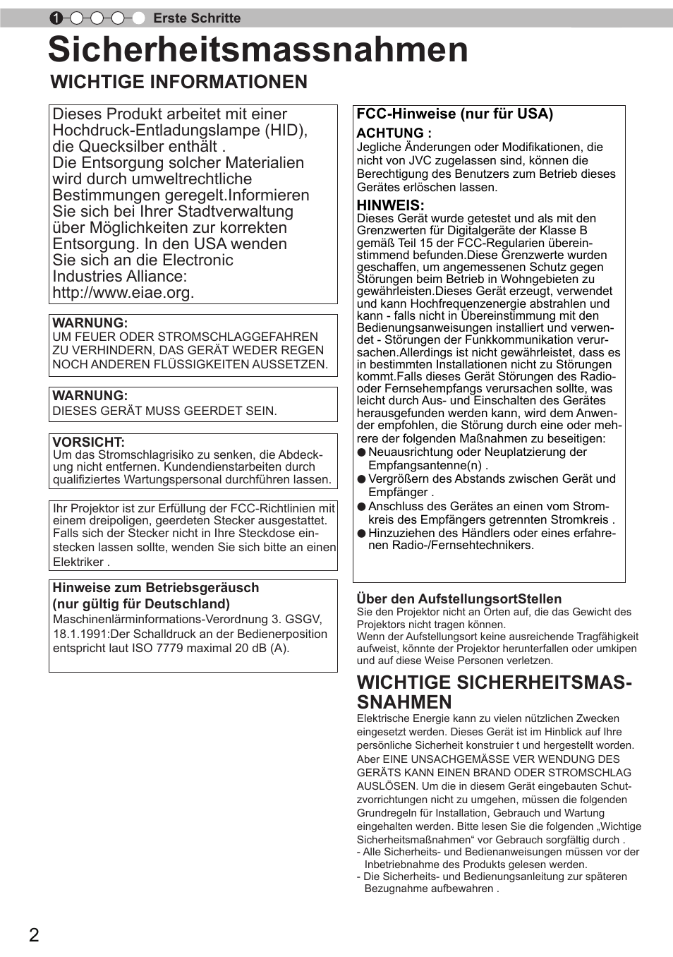 Erste schritte, Sicherheitsmassnahmen, Wichtige informationen | Wichtige sicherheitsmas- snahmen | JVC DLA-X9 User Manual | Page 2 / 233