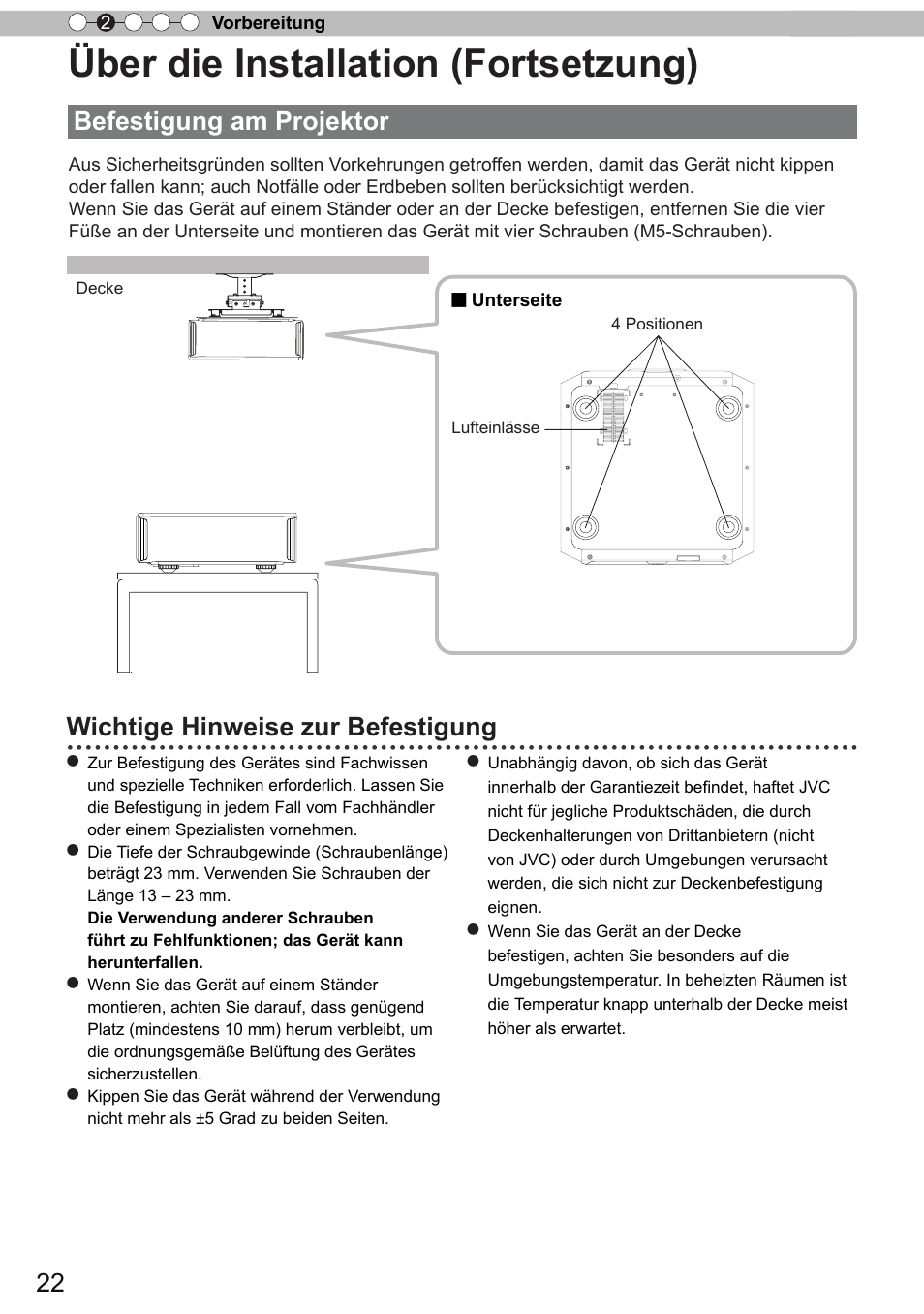 Befestigung am projektor, Über die installation (fortsetzung), Wichtige hinweise zur befestigung | JVC DLA-X9 User Manual | Page 22 / 233