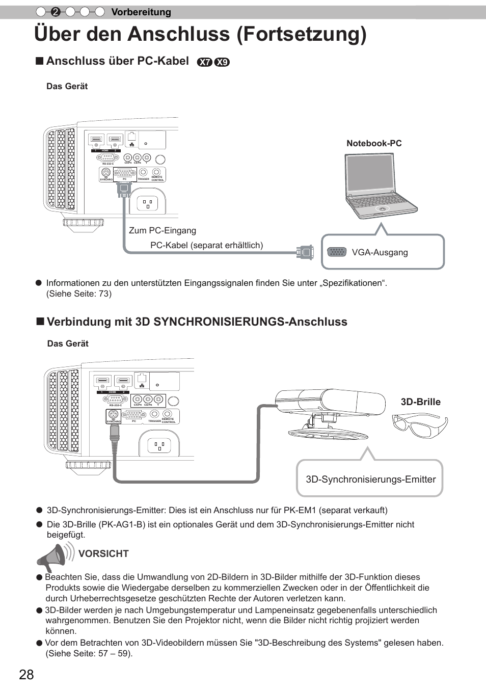Über den anschluss (fortsetzung), Anschluss über pc-kabel, Verbindung mit 3d synchronisierungs-anschluss | Vorbereitung 2, 3d-synchronisierungs-emitter 3d-brille vorsicht, X7 x9, Das gerät | JVC DLA-X9 User Manual | Page 28 / 233