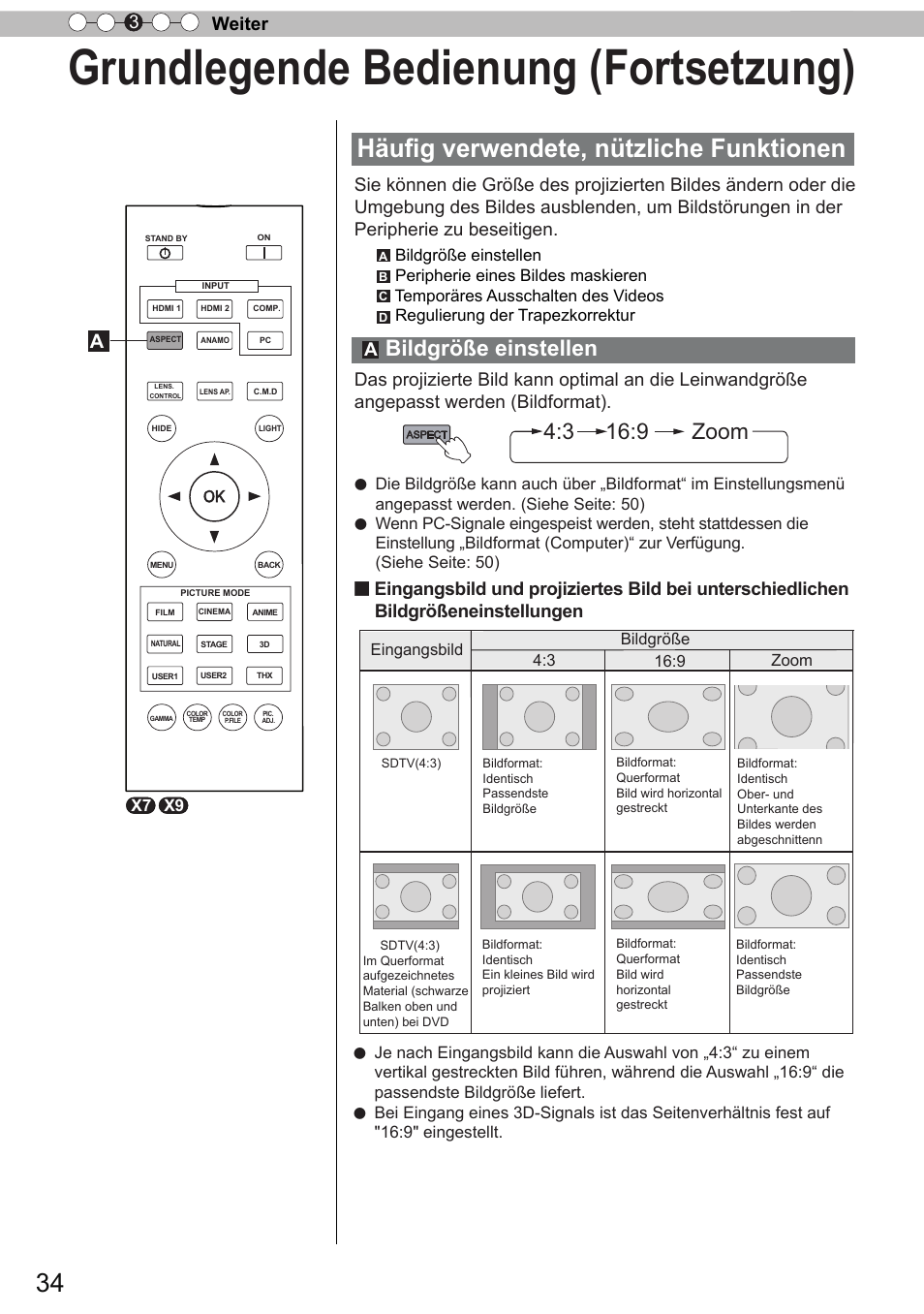 Häufig verwendete, nützliche funktionen, Bildgröße einstellen, Häufig verwendete, nützliche funktionen .34 | Grundlegende bedienung (fortsetzung), 3 16:9 zoom, Weiter 3 | JVC DLA-X9 User Manual | Page 34 / 233