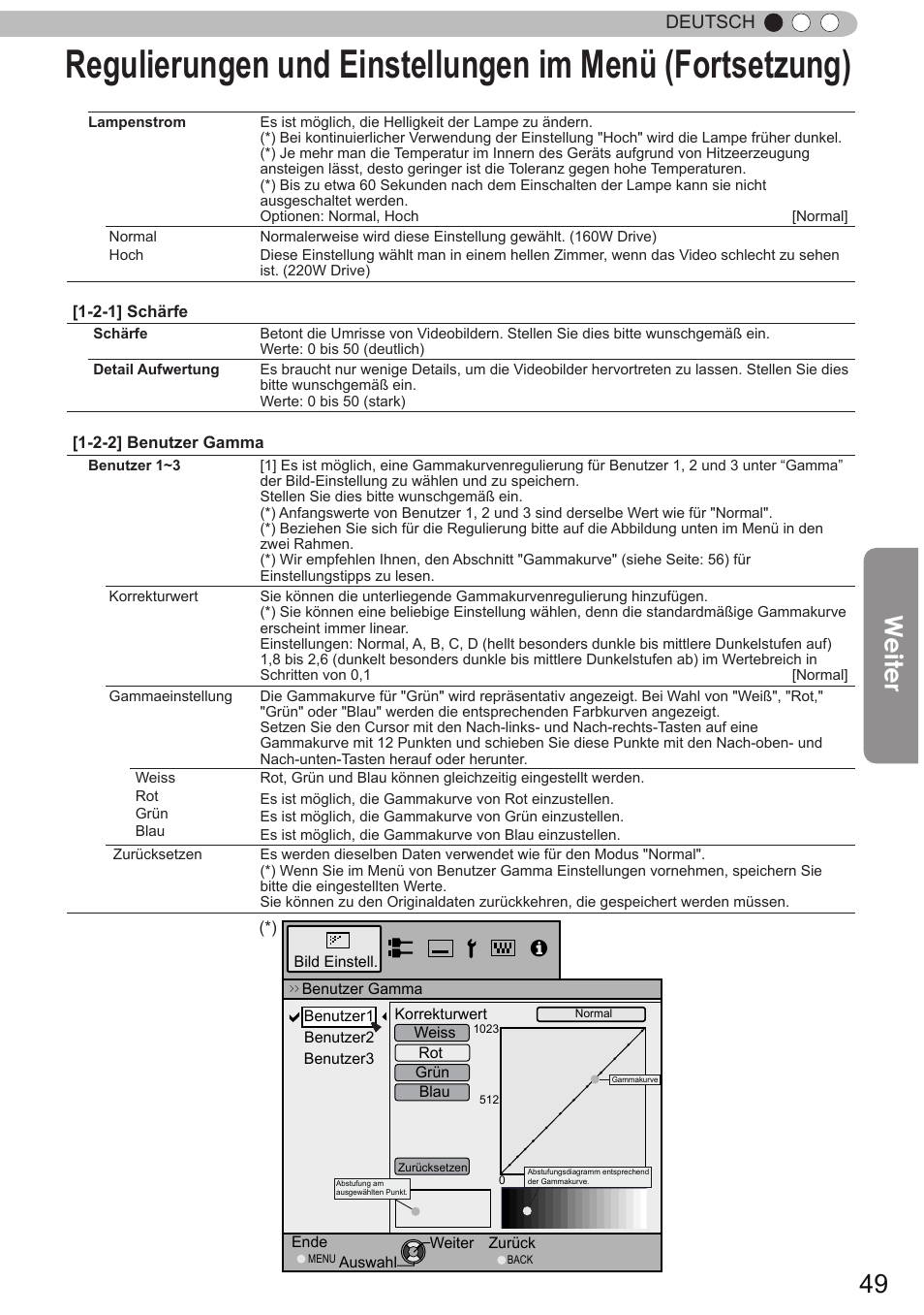 Weiter, Deutsch | JVC DLA-X9 User Manual | Page 49 / 233