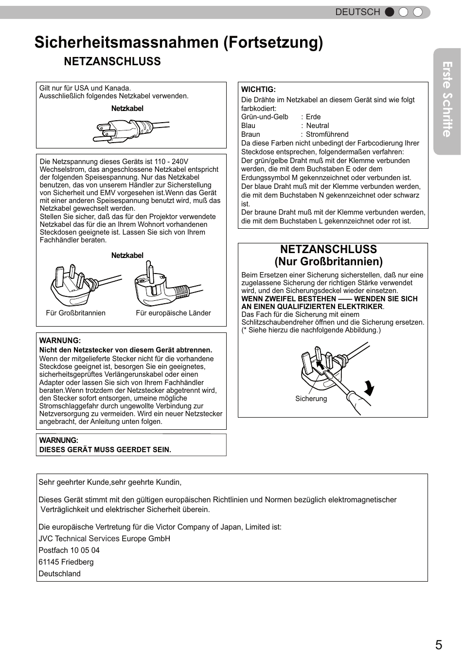 Sicherheitsmassnahmen (fortsetzung), Erste schritte, Netzanschluss | Netzanschluss (nur großbritannien) | JVC DLA-X9 User Manual | Page 5 / 233