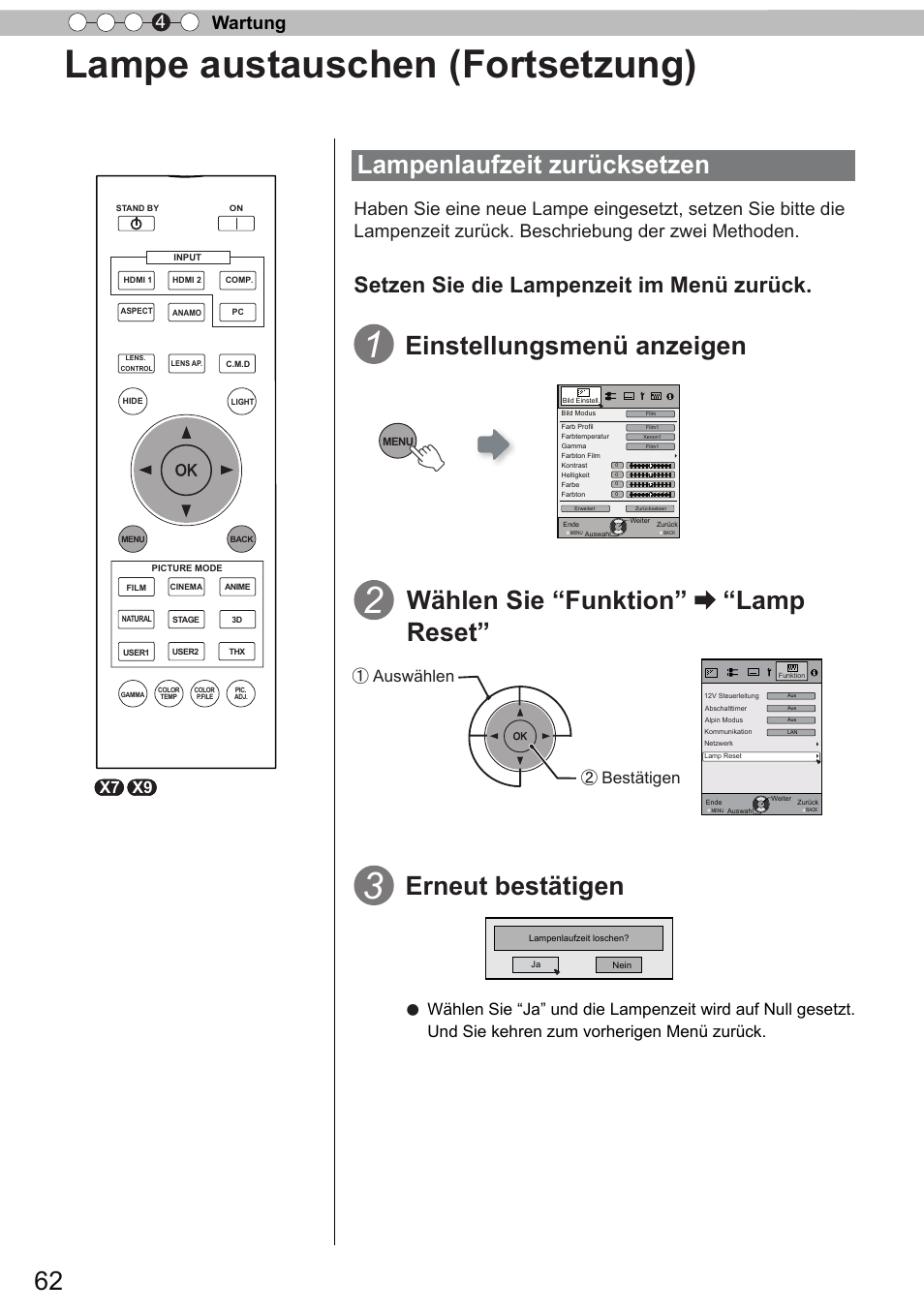 Lampenlaufzeit zurücksetzen, Lampe austauschen (fortsetzung), Erneut bestätigen | Setzen sie die lampenzeit im menü zurück, Wartung 4, Bestätigen ① auswählen x7 x9 | JVC DLA-X9 User Manual | Page 62 / 233