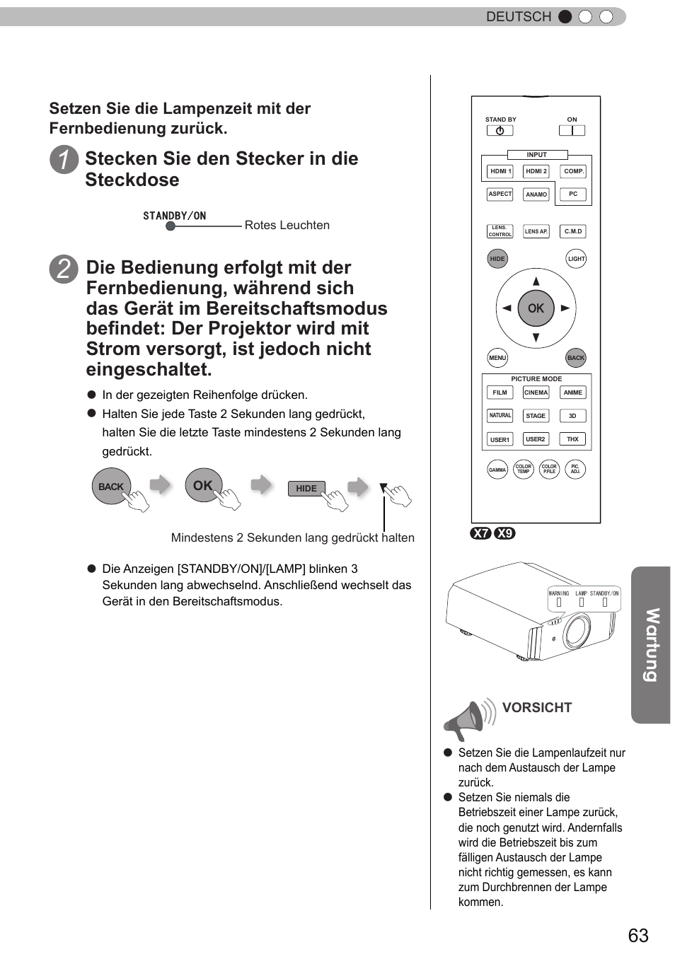 Stecken sie den stecker in die steckdose, Wartung, Deutsch | Vorsicht | JVC DLA-X9 User Manual | Page 63 / 233