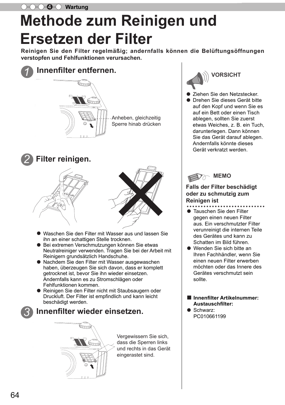 Methode zum reinigen und ersetzen der filter, Methode zum reinigen und, Ersetzen der filter | Innenfilter entfernen, Filter reinigen, Innenfilter wieder einsetzen | JVC DLA-X9 User Manual | Page 64 / 233