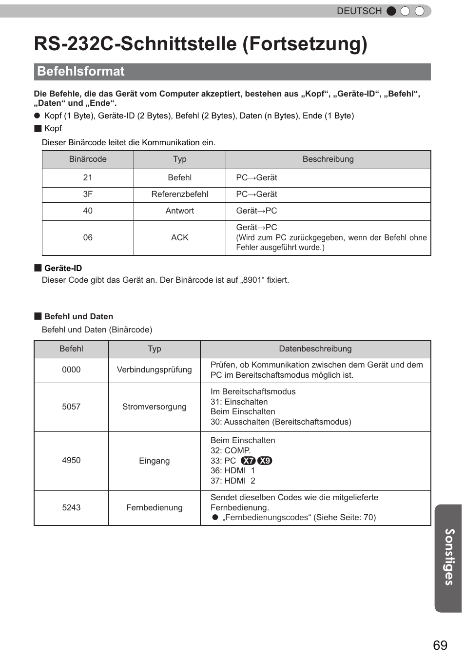 Befehlsformat, Rs-232c-schnittstelle (fortsetzung), Sonstiges | JVC DLA-X9 User Manual | Page 69 / 233