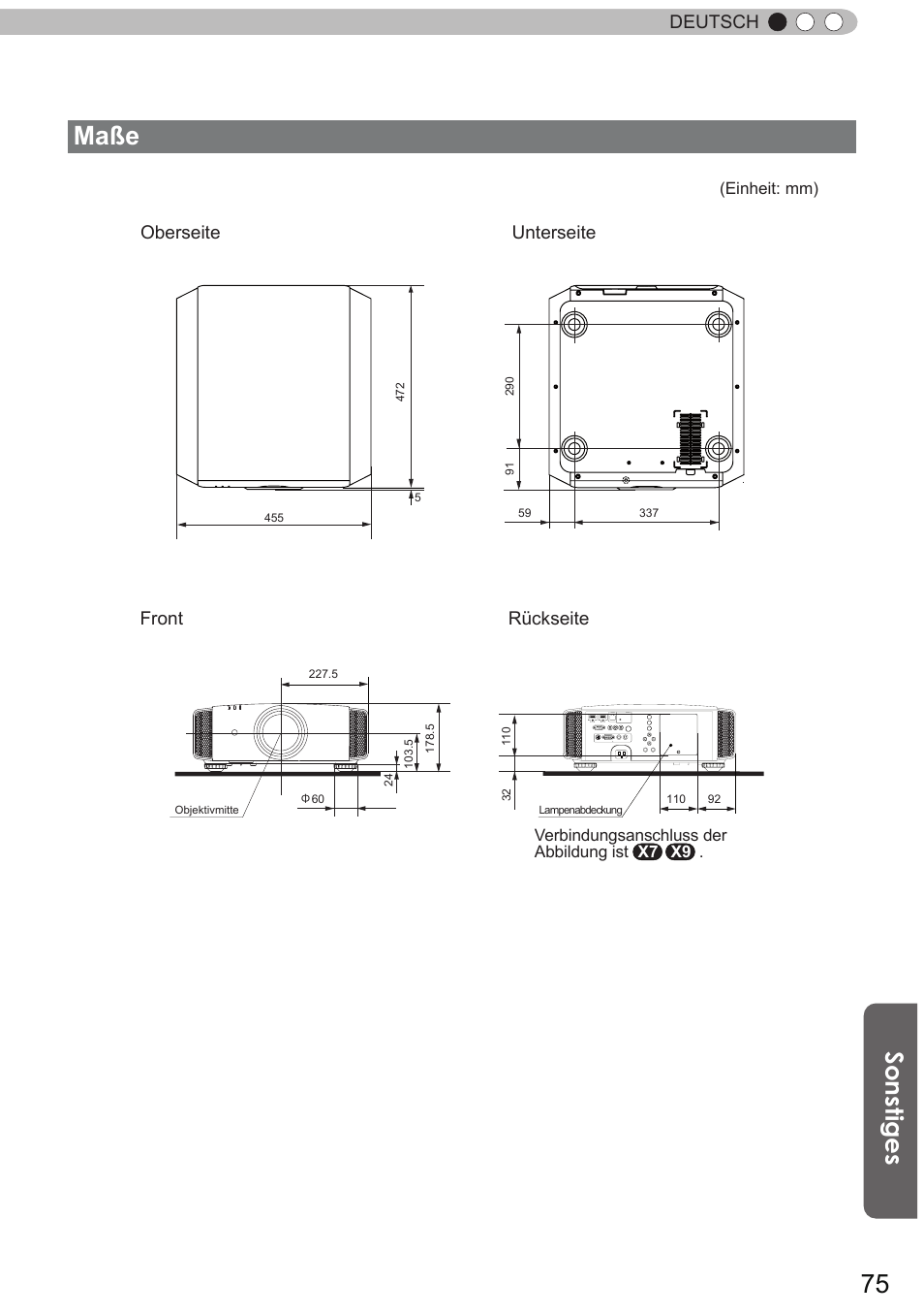 Maße 60, Sonstiges, Deutsch | Oberseite front, Unterseite rückseite | JVC DLA-X9 User Manual | Page 75 / 233