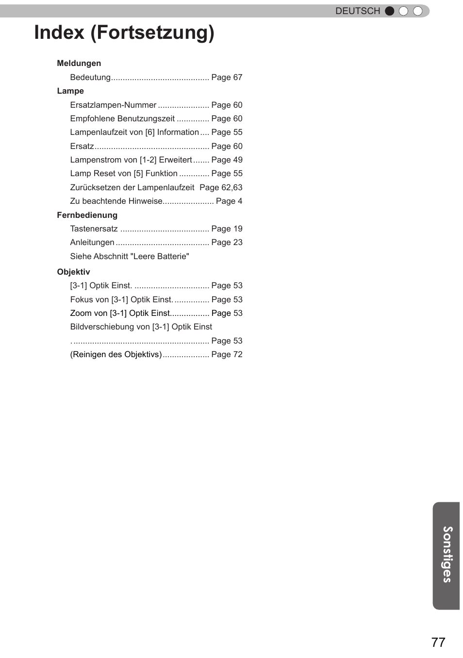 Index (fortsetzung), Sonstiges | JVC DLA-X9 User Manual | Page 77 / 233
