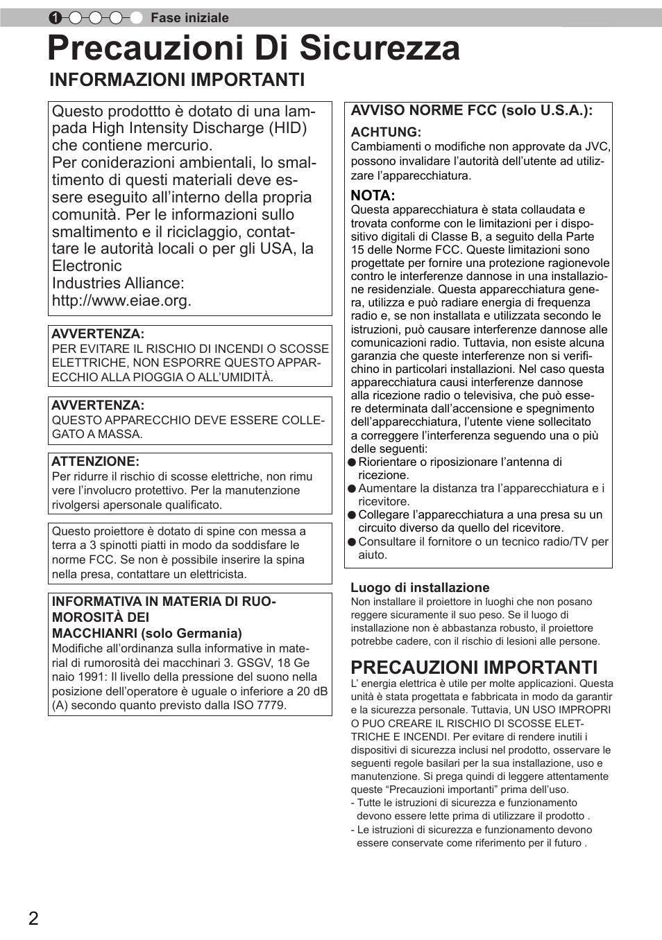 Precauzioni di sicurezza, Informazioni importanti, Precauzioni importanti | JVC DLA-X9 User Manual | Page 80 / 233