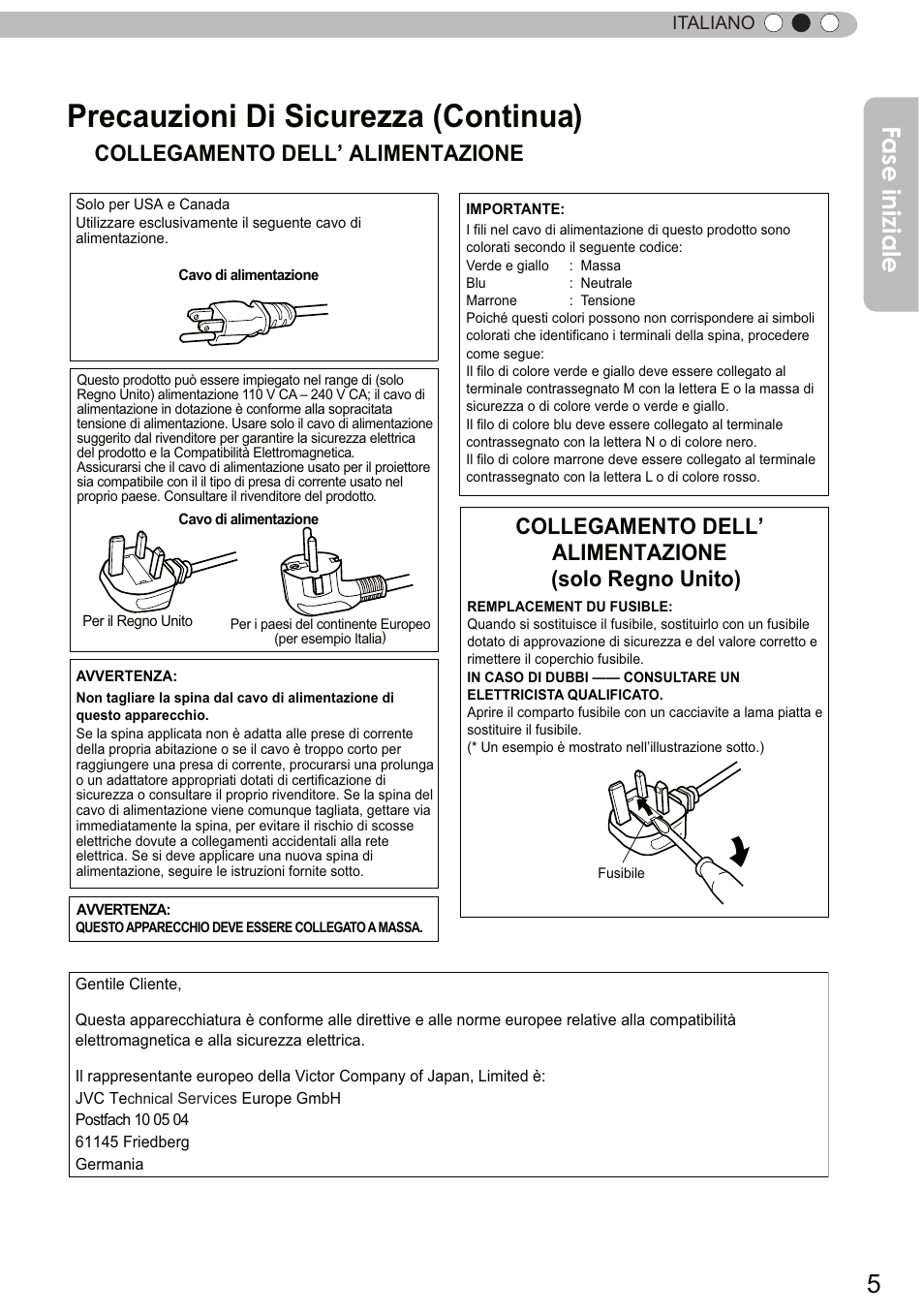 Precauzioni di sicurezza (continua), Fase iniziale, Collegamento dell’ alimentazione | Italiano | JVC DLA-X9 User Manual | Page 83 / 233