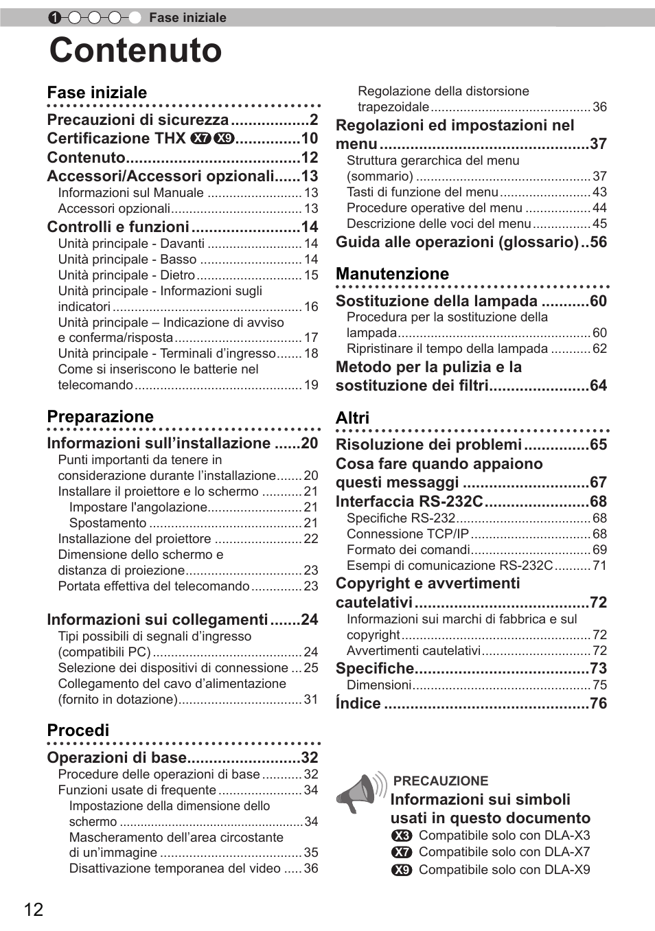 Contenuto, Fase iniziale, Preparazione | Procedi, Manutenzione, Altri | JVC DLA-X9 User Manual | Page 90 / 233