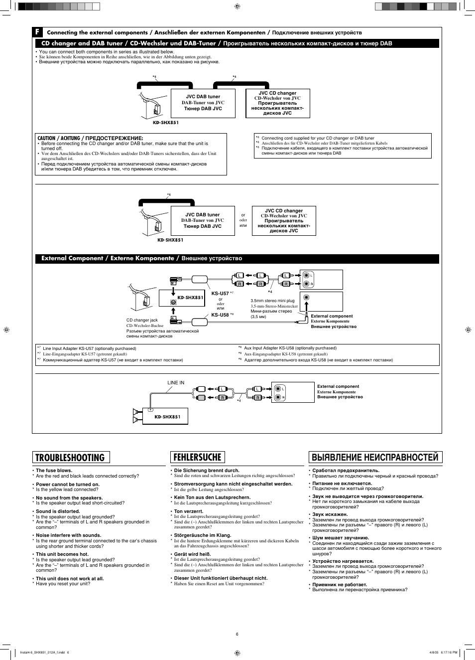 Troubleshooting, Fehlersuche, Bыявление неисправностей | JVC KD-SHX851 User Manual | Page 6 / 6