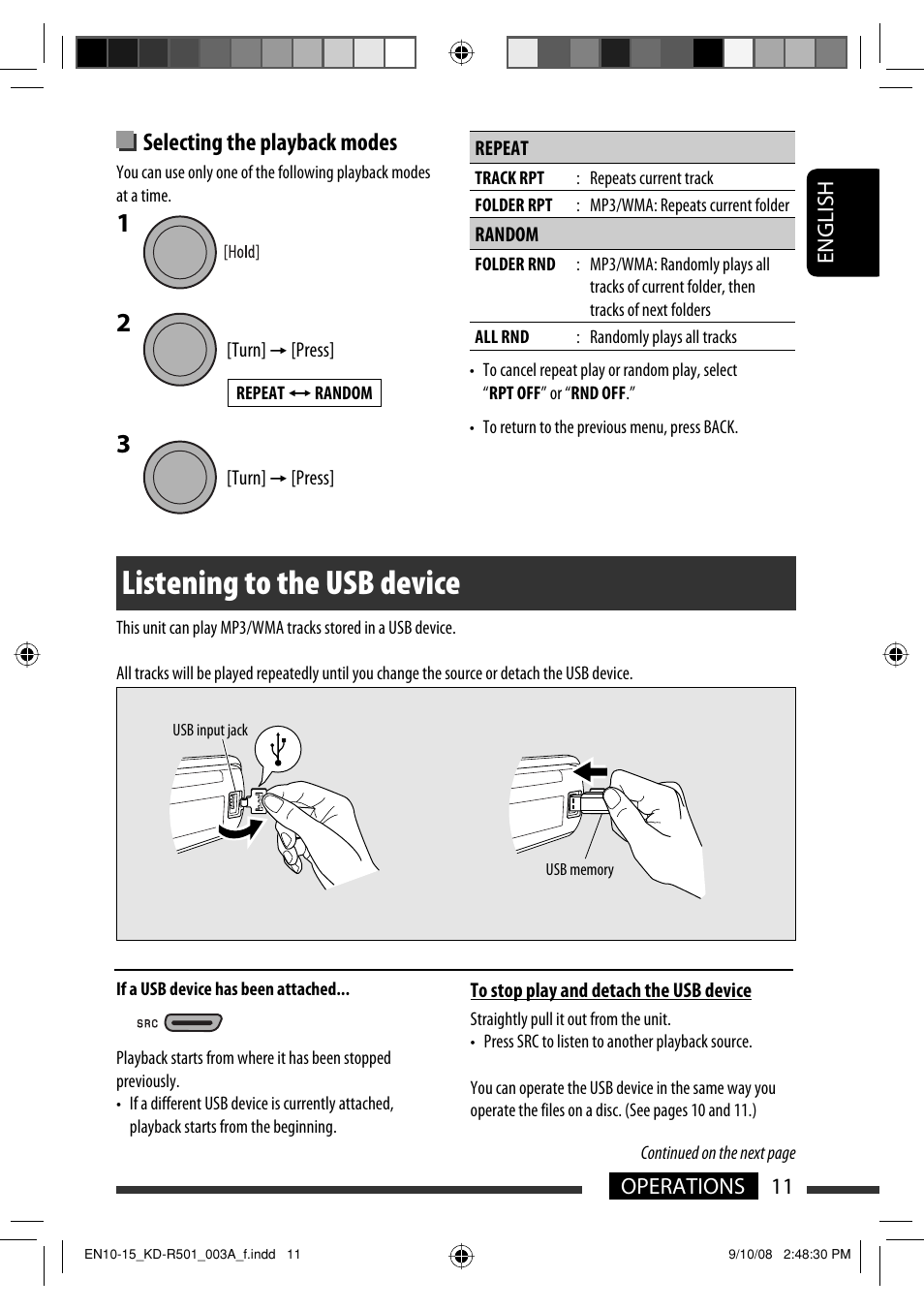 Listening to the usb device, Selecting the playback modes | JVC KD-R402 User Manual | Page 11 / 107