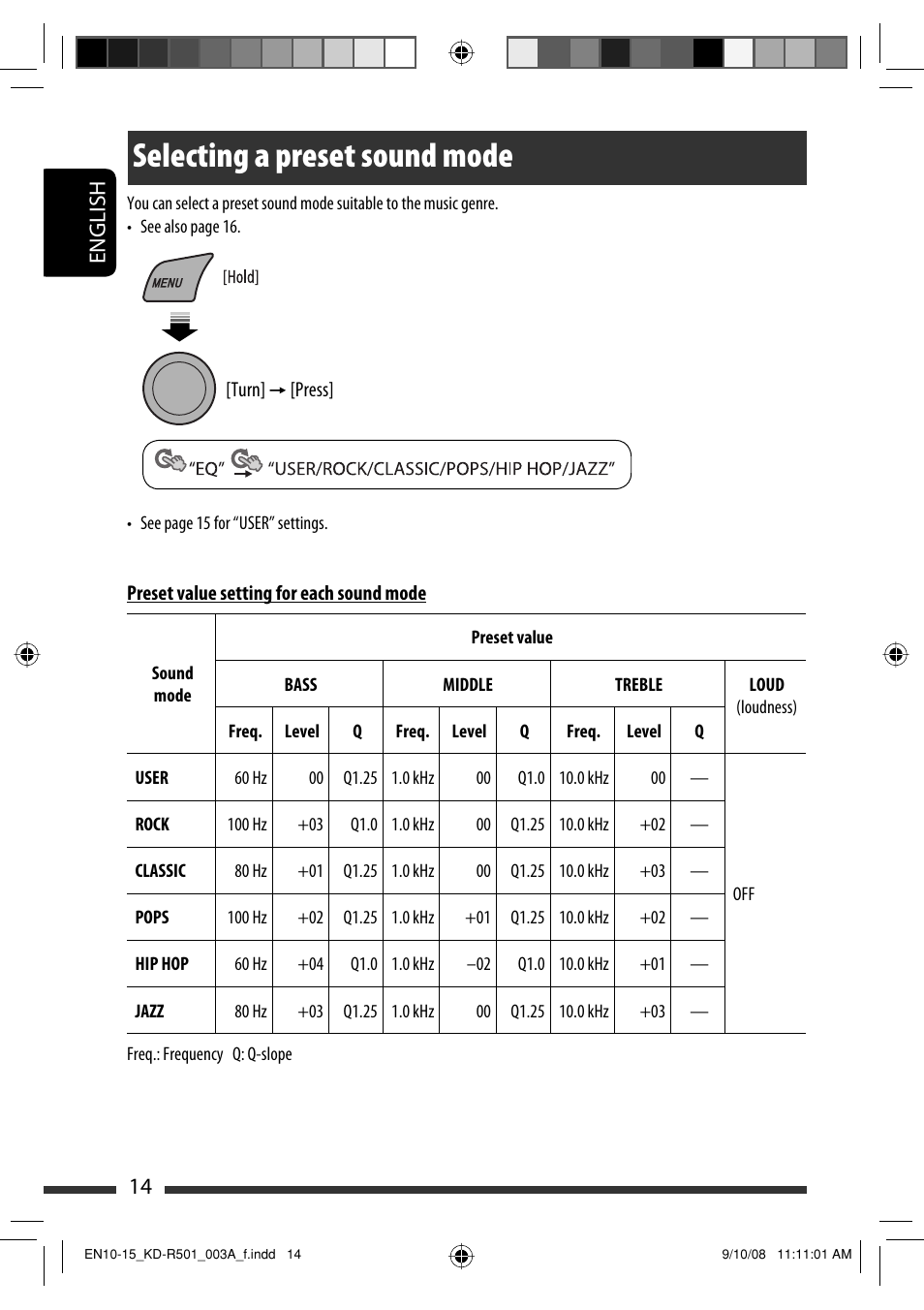 Selecting a preset sound mode, English 14 | JVC KD-R402 User Manual | Page 14 / 107