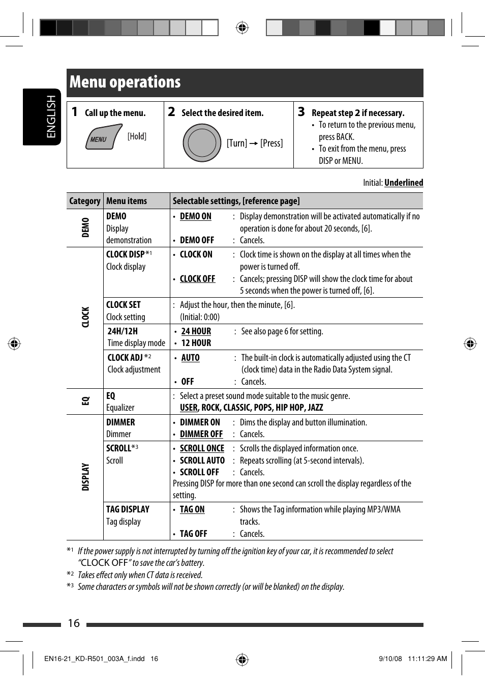 Menu operations, English 16 | JVC KD-R402 User Manual | Page 16 / 107